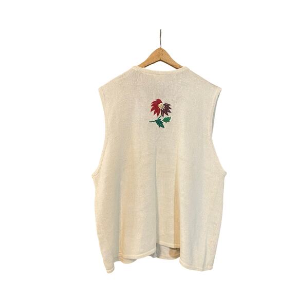 Vintage Bobbie Brooks Christmas Sweater Vest XL Poinsettia Embroidered Ramie - Picture 2 of 6